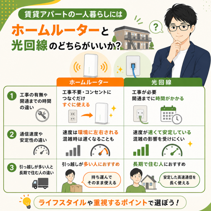 賃貸アパートの一人暮らしにはホームルーターと光回線のどちらがいいか?