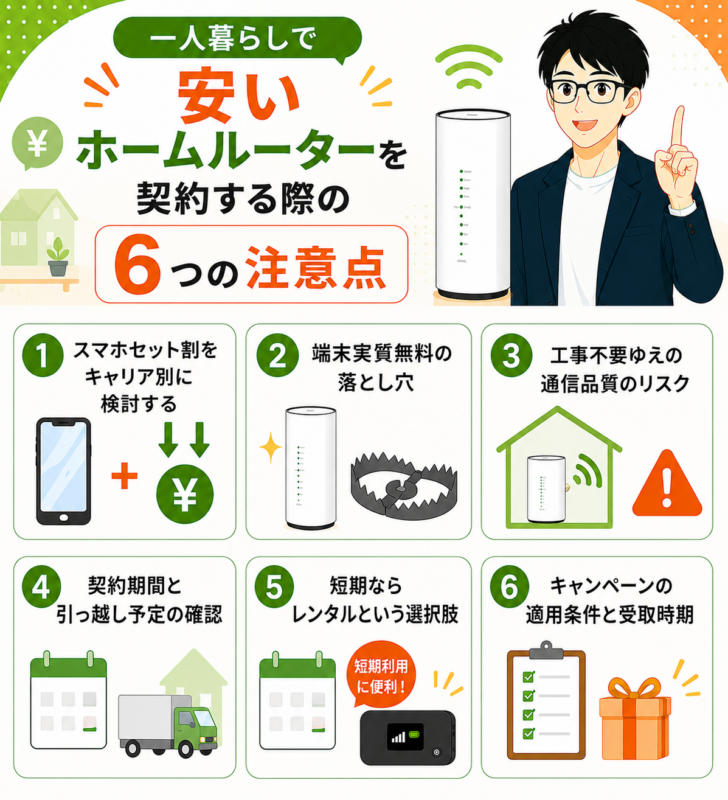 一人暮らしで安いホームルーターを契約する際の6つの注意点