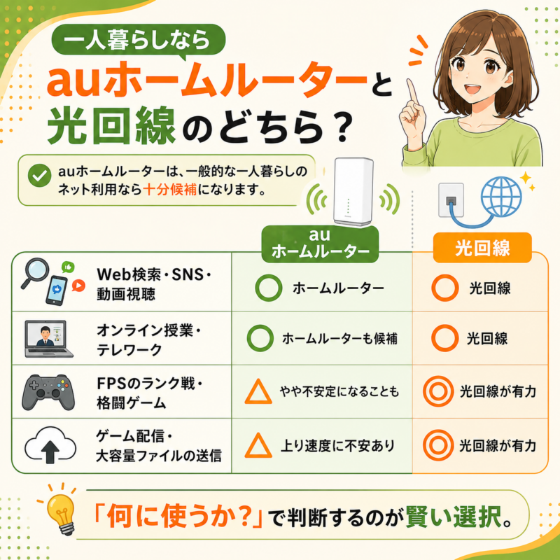 一人暮らしならauホームルーターと光回線のどちら