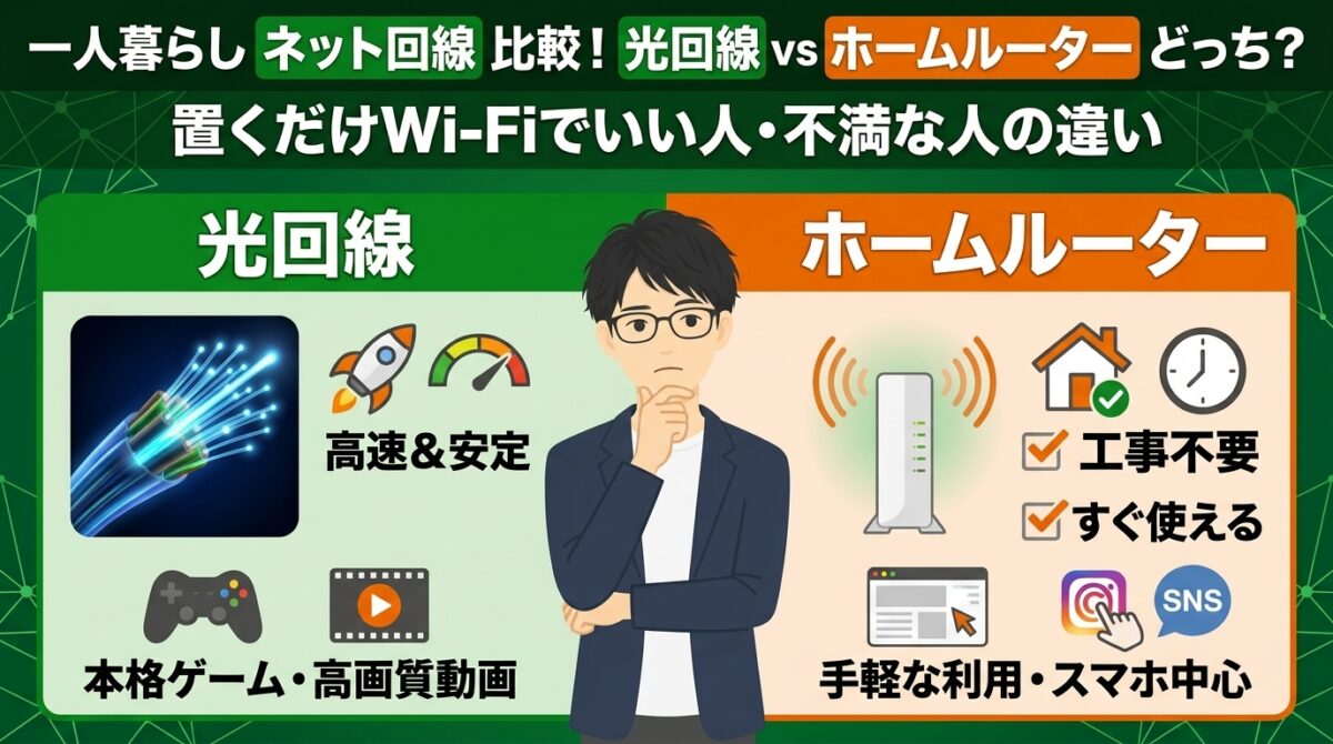 一人暮らしには光回線とホームルーターのどっちがいいか比較！ネット回線は置くだけWi-Fiでいい人・不満な人の違い