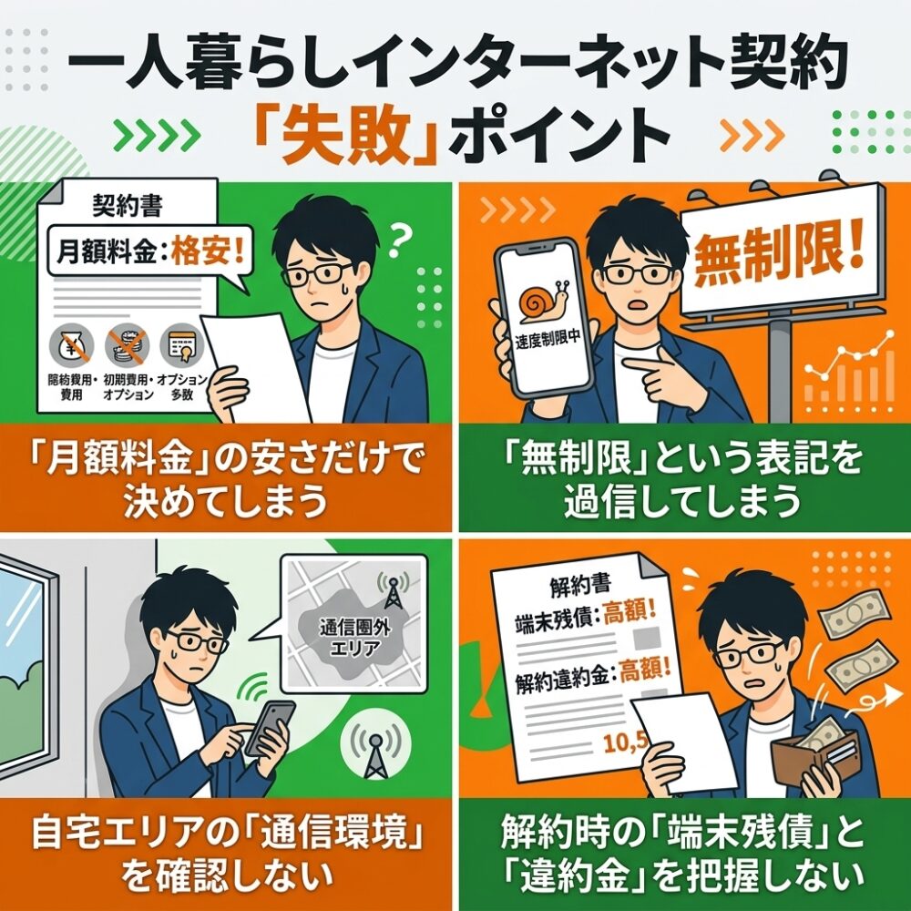 一人暮らしがインターネットの契約で失敗しがちなポイント