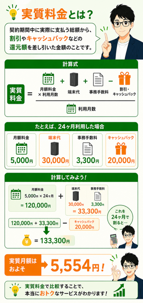 「実質料金」が重要～月額料金と端末代から割引・特典を差し引く