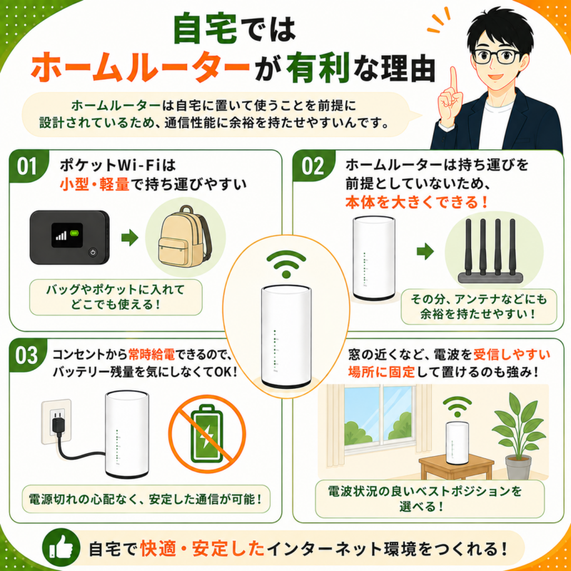 自宅ではホームルーターが有利になりやすい理由