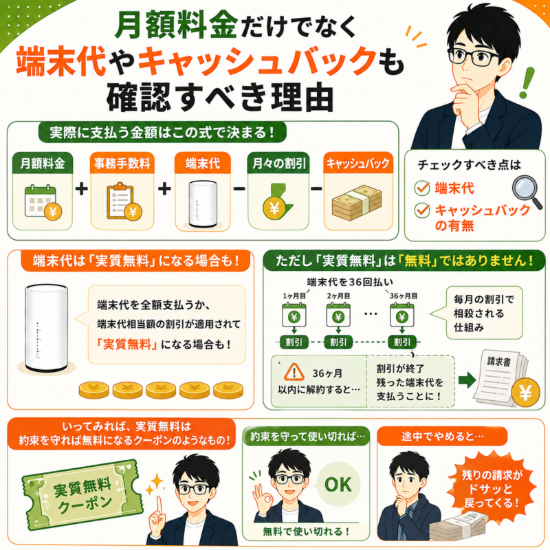 月額料金だけでなく端末代やキャッシュバックも確認