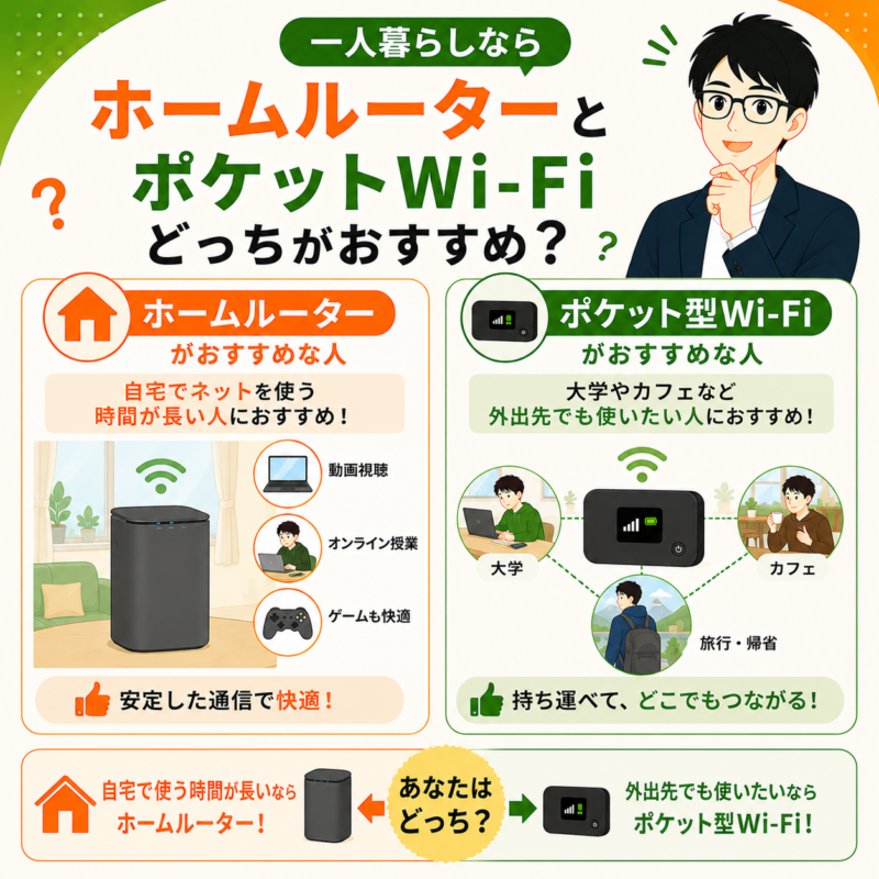 一人暮らしならホームルーターとポケットWi-Fiどっちがおすすめ?