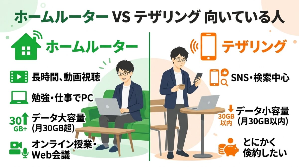 ホームルーターとテザリングが向いている人の違い