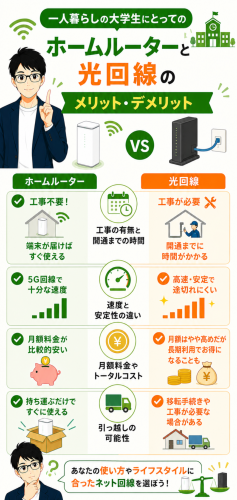 一人暮らしの大学生にとっての光回線とホームルーターのメリット・デメリット
