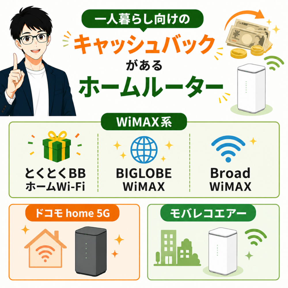 一人暮らし向けキャッシュバックがあるホームルーター