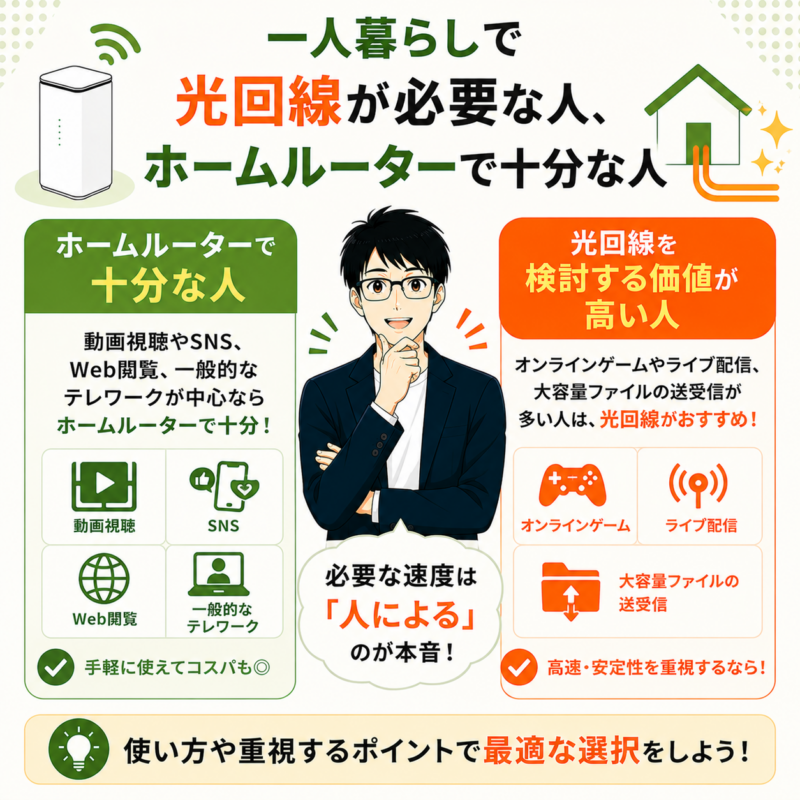 一人暮らしで光回線が必要な人、ホームルーターで十分な人