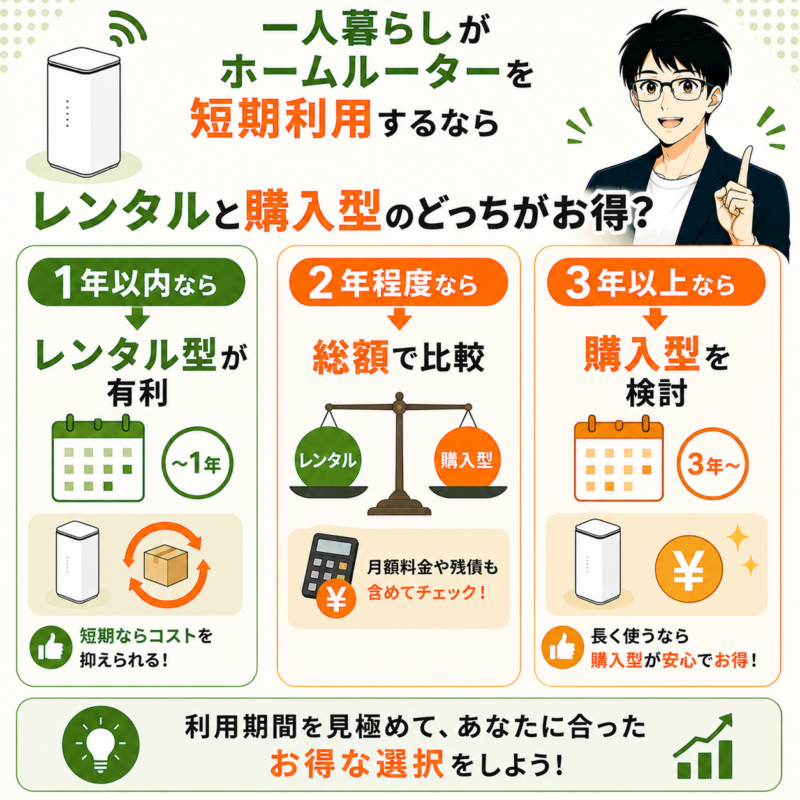 一人暮らしがホームルーターを短期利用するならレンタルと購入のどっちがお得?